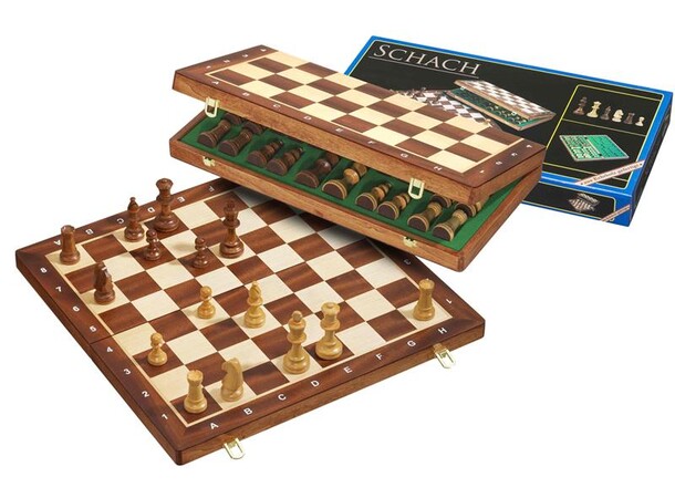 Schack i trä m/ pjäser Hopfällbart 47x47 50mm fält - kung 90mm 