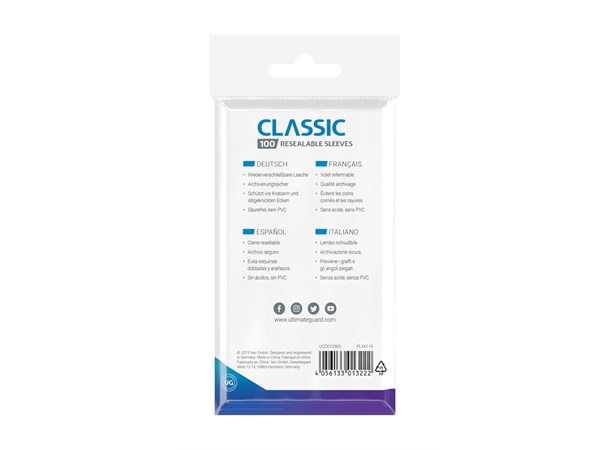 Sleeves Resealable Classic x100 66x93 Ultimate Guard DeckProtector 
