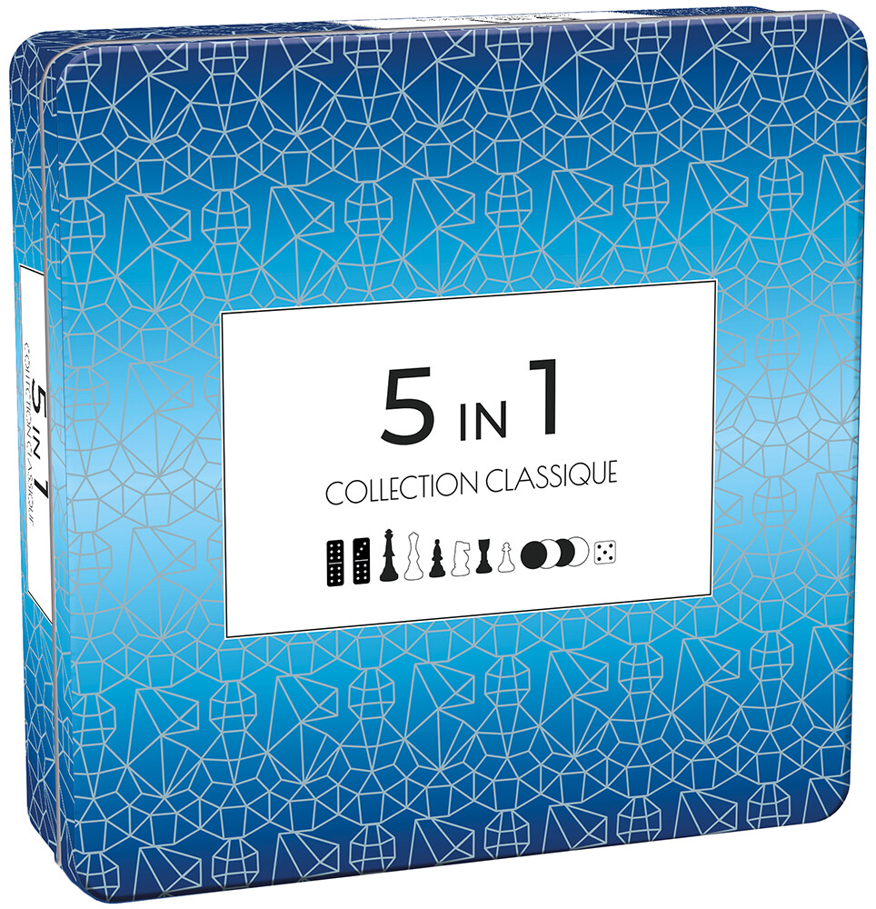 5 in 1-5 klassiska Brädspel Metallbox Sjakk/Backgammon/Domino/Dam/Tic Tac Toe
