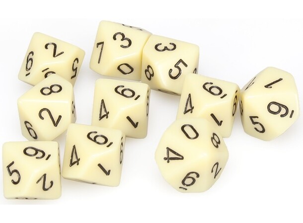 RPG Dice D10 Tärning 0-9 - 10st 16 mm Ivory/Black 