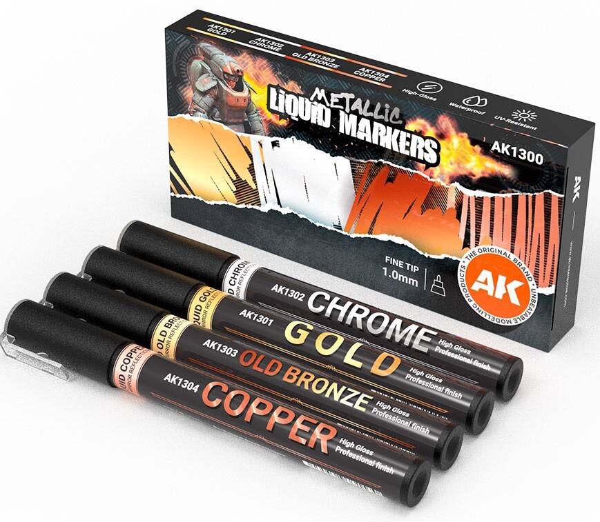 AK Metallic Liquid Markers - 4 st Chrome, Gold, Old Bronze, Copper