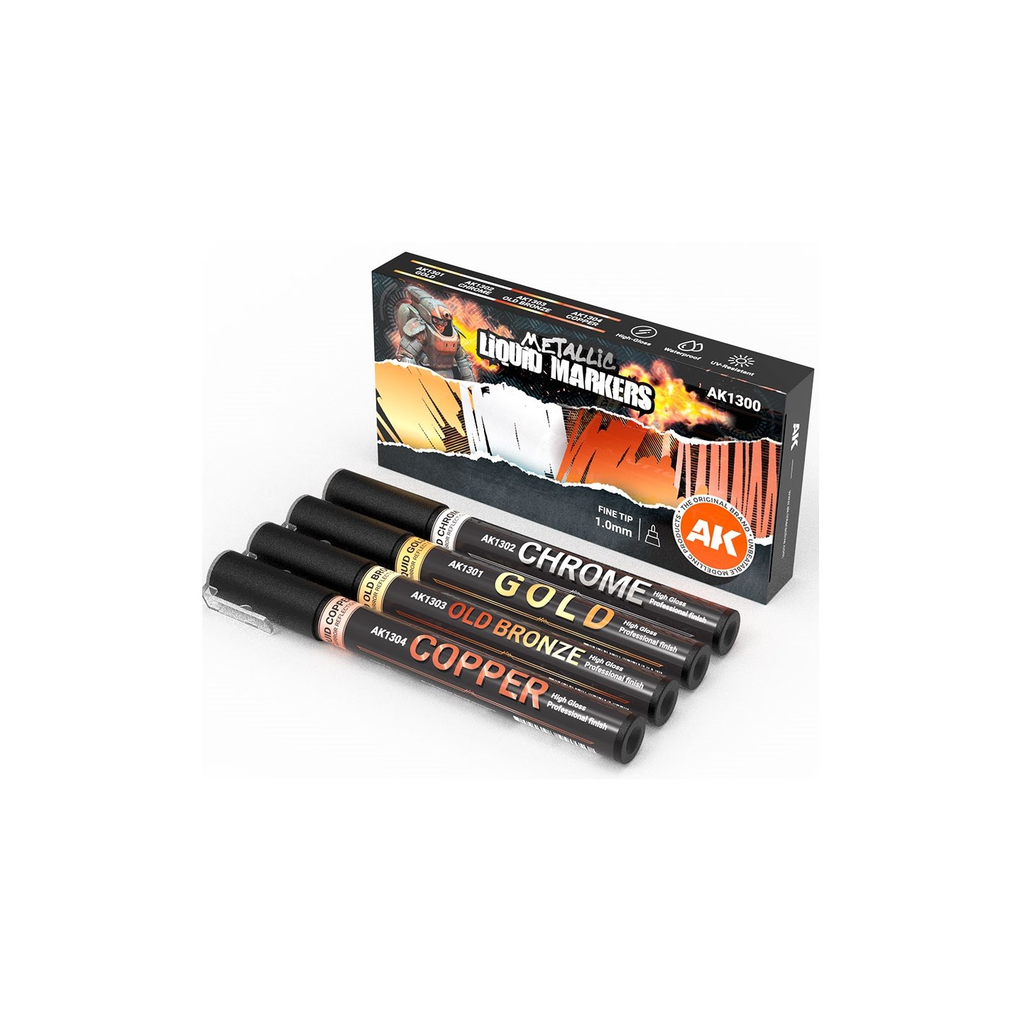 AK Metallic Liquid Markers - 4 st Chrome, Gold, Old Bronze, Copper